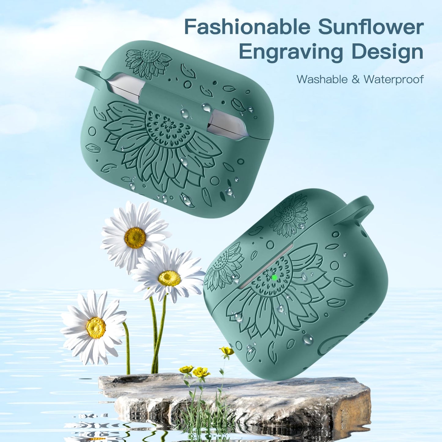 Sunflower Engraved Case for Airpods Pro 2nd Generation & Airpod Pro,Full Protective Silicone Cover Compatible with Apple Airpods Pro 2nd/1st Case,Front LED Visible