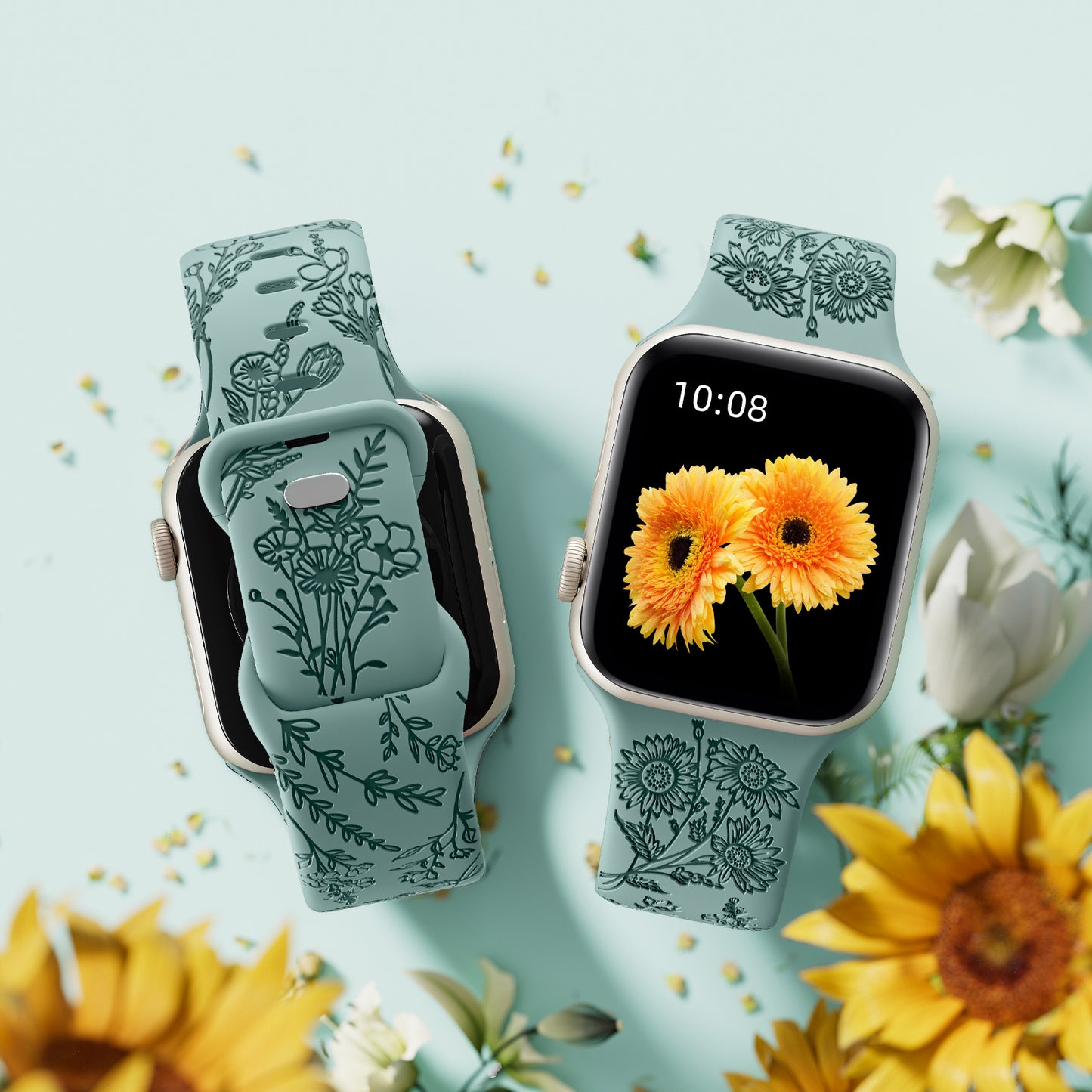 6 Pack Compatible with Apple Watch Bands 40mm 44mm 46mm 41mm 45mm 49mm 38mm 42mm for Women Sunflower Engraved Silicone Bands for iWatch Bands Ultra 2 SE Series 10 9 8 7 6 5 4 3 2 1