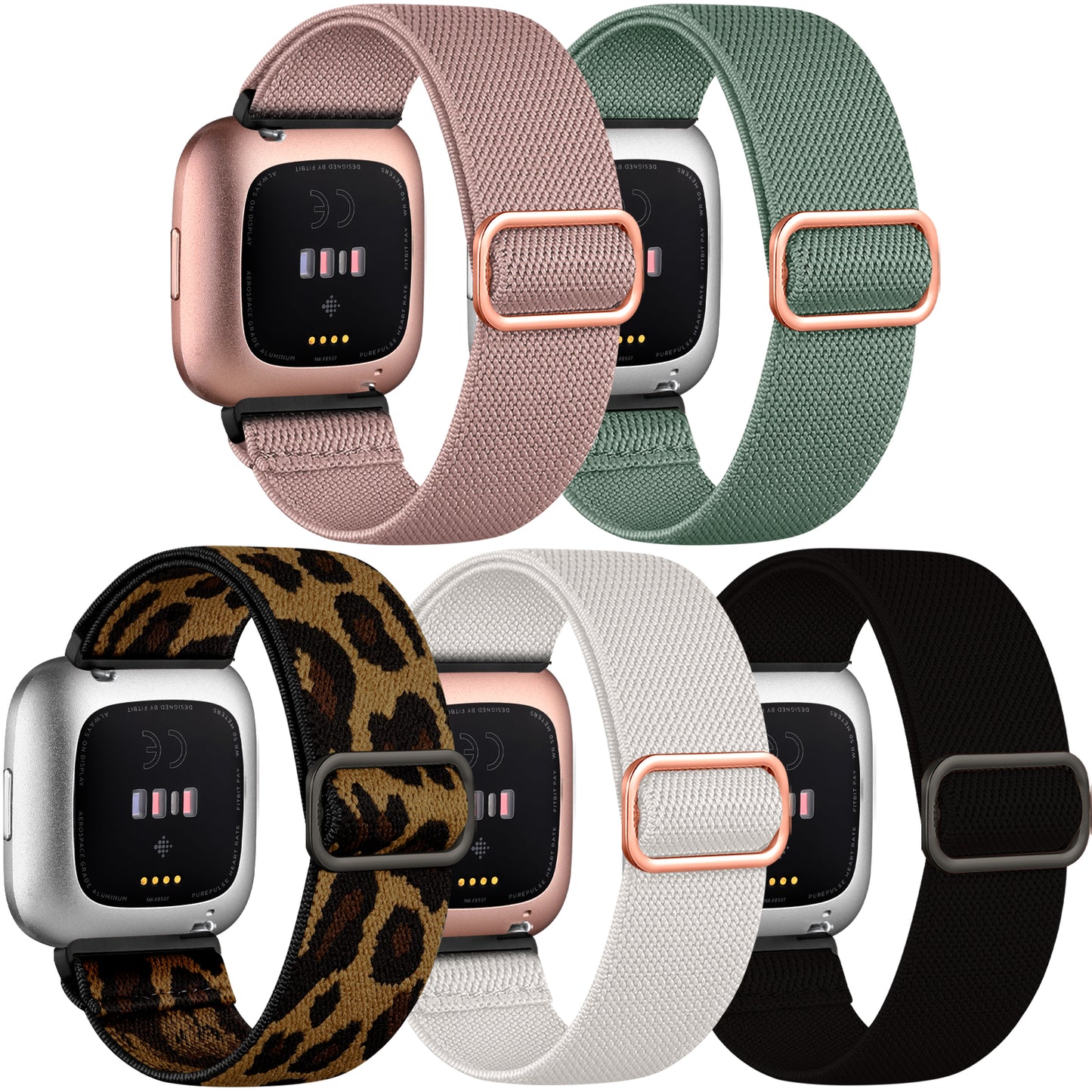 5 Pack Elastic Bands Compatible with Fitbit Versa 2/Versa/Versa Lite/Versa SE Watch Bands for Women Men, Adjustable Stretchy Nylon Solo Loop Sport Strap