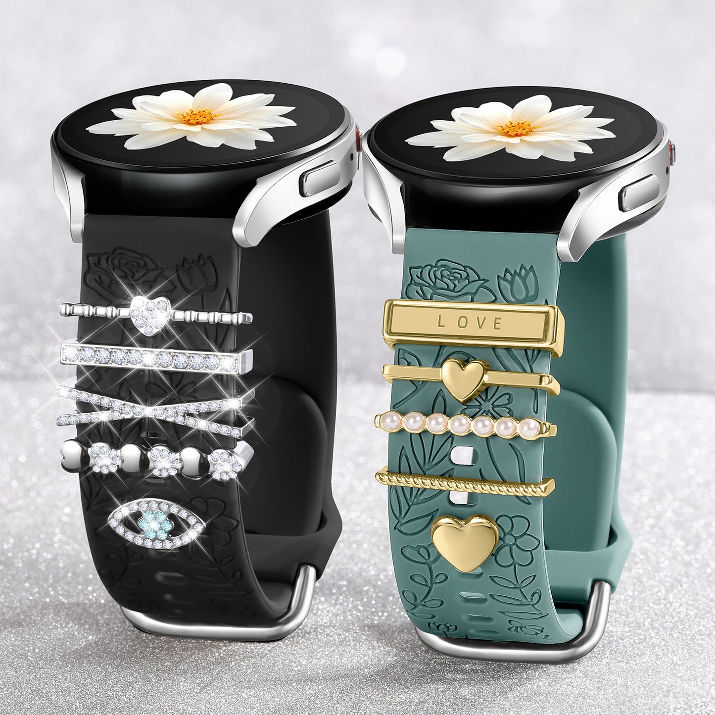 2 Pack Flower Engraved Band for Samsung Galaxy Watch 7 Band/FE Watch 6 5 4 40mm 44mm/Galaxy Watch 5 Pro Band, 20mm Soft Silicone Replacement Strap with Decorative Charms Accessories Women
