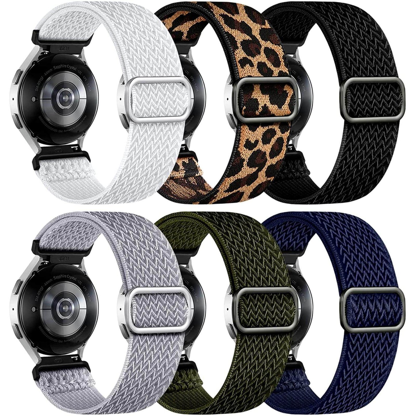 6 Pack Stretchy Solo Loop Bands for Samsung Galaxy Watch 7/6/5/4 40mm 44mm/Watch 6 Classic 43mm 47mm/Watch 5 Pro 45mm/Watch 4 Classic/Active 2 Band, 20mm Elastic Nylon Samsung Watch Bands
