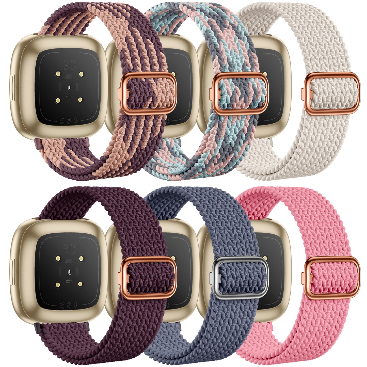6 Pack Braided Elastic Band Compatible with Fitbit Versa 4/Fitbit Versa 3/Fitbit Sense/Fitbit Sense 2 Bands Women Men, Adjustable Stretchy Solo Loop Nylon Sport Straps Wristband