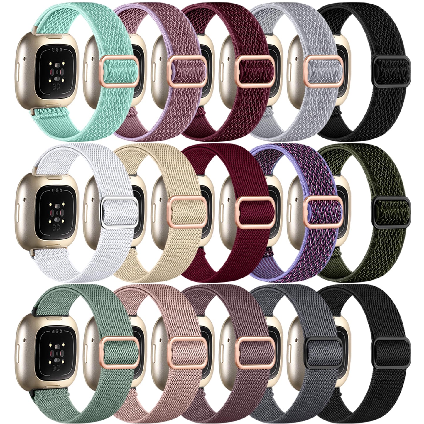 15 Pack Elastic Band Compatible with Fitbit Versa 4 Bands for Woman/Sense 2/Sense/Versa 3 Bands, Adjustable Stretchy Nylon Solo Loop Sport Strap for SmartWatch Replacement
