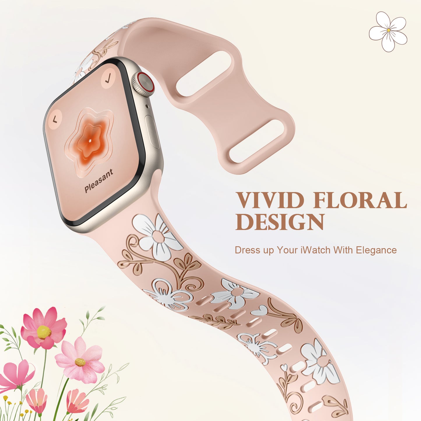 Malendan Compatible with iWatch Apple Watch Bands for Women 40mm 44mm 41mm 45mm 46mm 42mm 38mm 49mm Cute Floral Engraved Silicone Bands for Ultra 2 SE 2rd Gneration Series 10 9 8 7 6 8 5 4 3