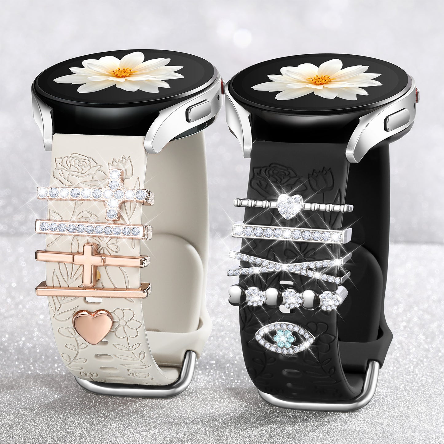 2 Pack Flower Engraved Band for Samsung Galaxy Watch 7 Band/FE Watch 6 5 4 40mm 44mm/Galaxy Watch 5 Pro Band, 20mm Soft Silicone Replacement Strap with Decorative Charms Accessories Women