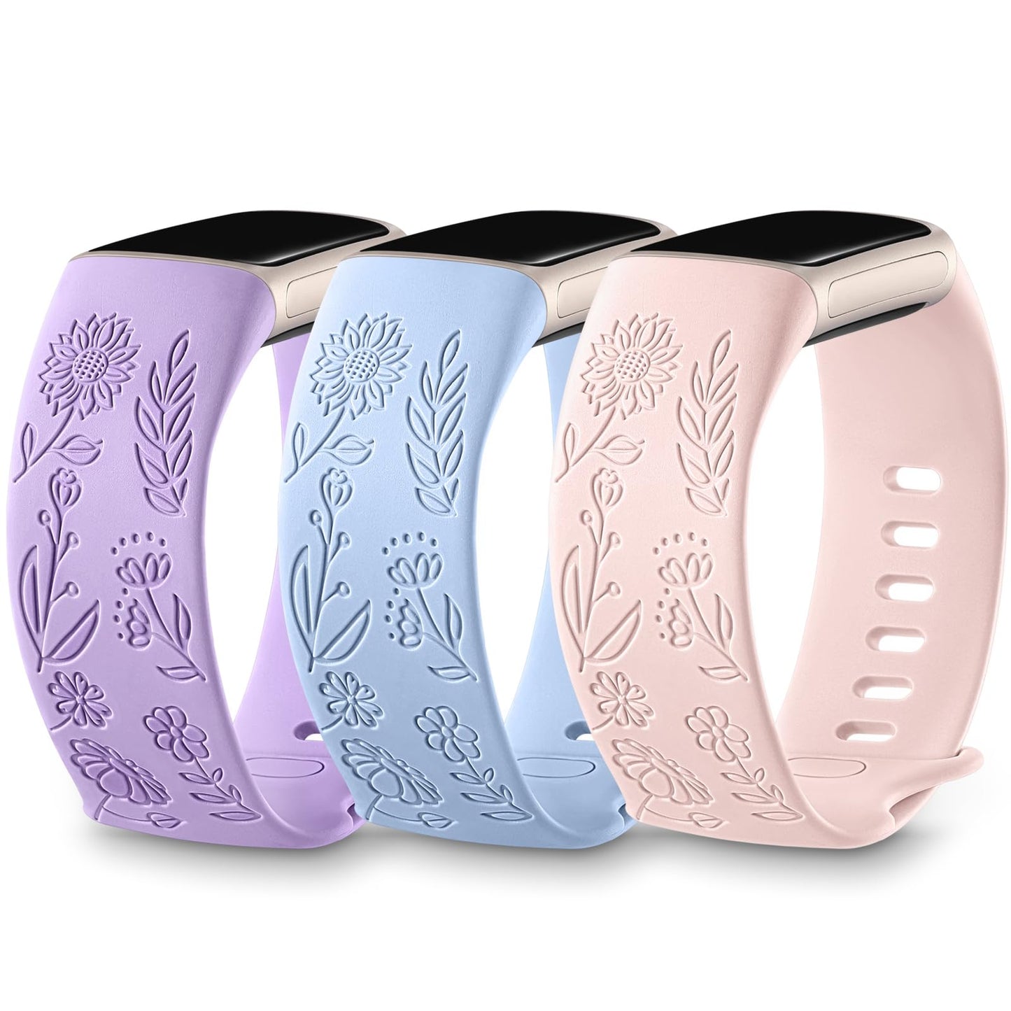 3 Packs Floral Engraved Band Compatible with Fitbit Charge 6 Bands/Fitbit Charge 5 Bands Women, Cute Soft Silicone Sport Wristbands for Fitbit Charge 5/ Charge 6 Advanced Fitness Tracker