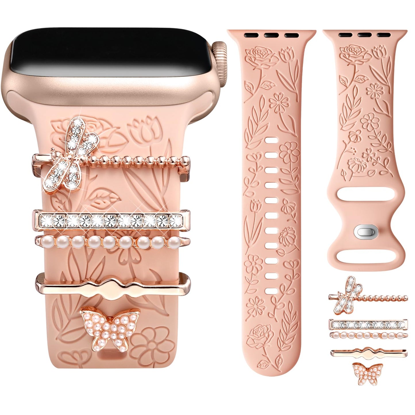 Flower Engraved Band Compatible with Apple Watch Bands for Women 40mm 38mm 41mm, Soft Silicone Band with Decorative Apple Watch Charms for iWatch Series 10 9 8 7 6 5 4 3 2 1 SE (With Band)