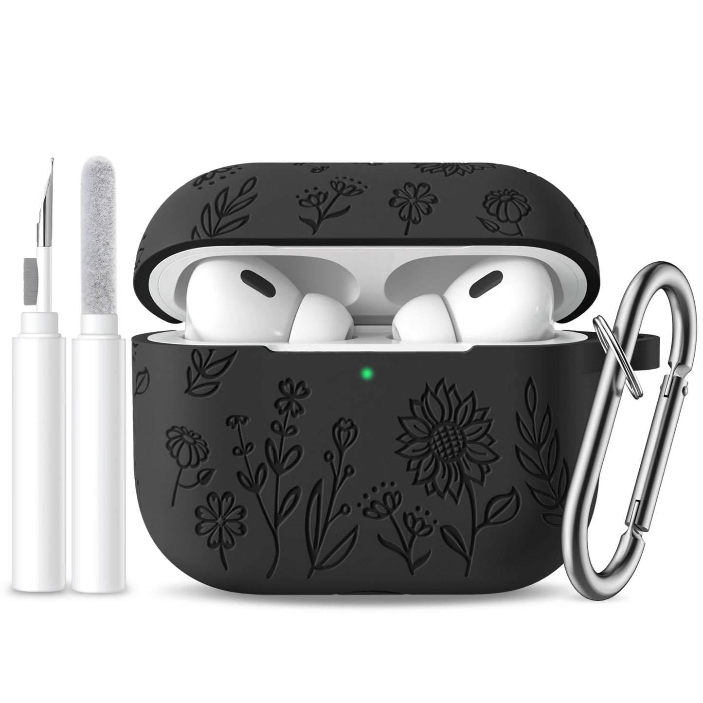 for AirPods Pro 2 Case with Cleaner Kit, Flower Engraved Silicone Protective Case Cover with Keychain, Compatible with Airpod Pro 2nd/1st Generation Case, Front LED Visible