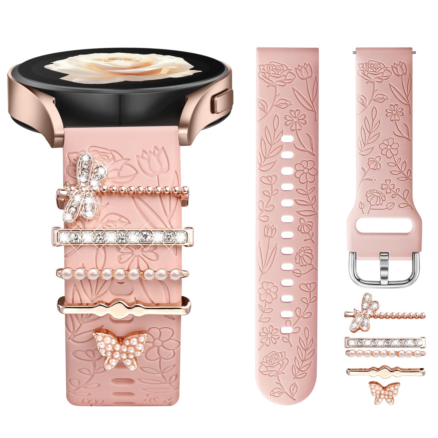 Flower Engraved Samsung Watch Bands for Samsung Galaxy Watch 7 Band/FE 6 5 4 40mm 44mm/Galaxy Watch 5 Pro Band 45mm, 20mm Soft Silicone Strap with Decorative Charms Accessories Women