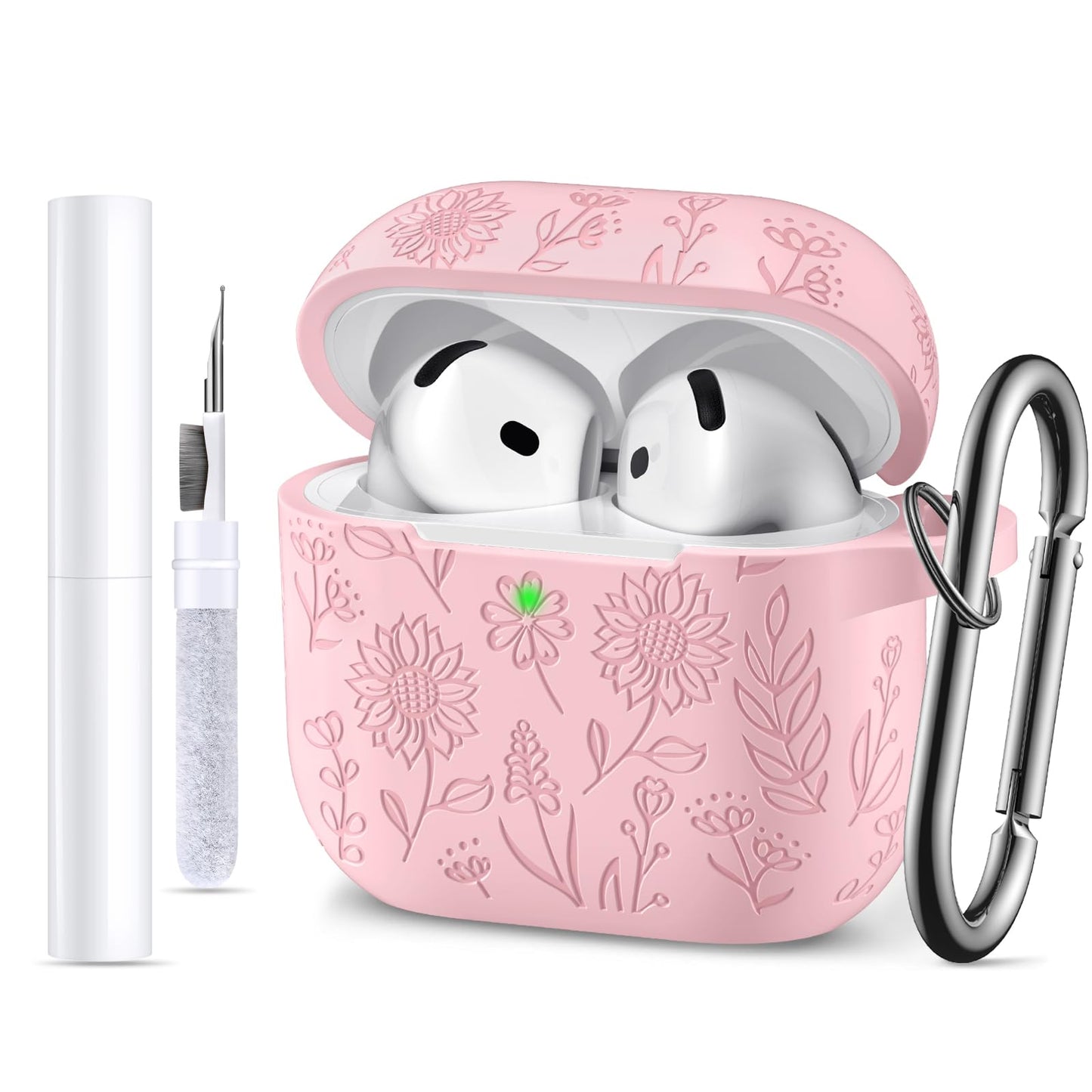 for Airpods 4 Case, Flower Engraved Silicone Protective Cases for AirPods 4th Generation 2024 with Cleaning Kit & Keychain, Front LED Visible