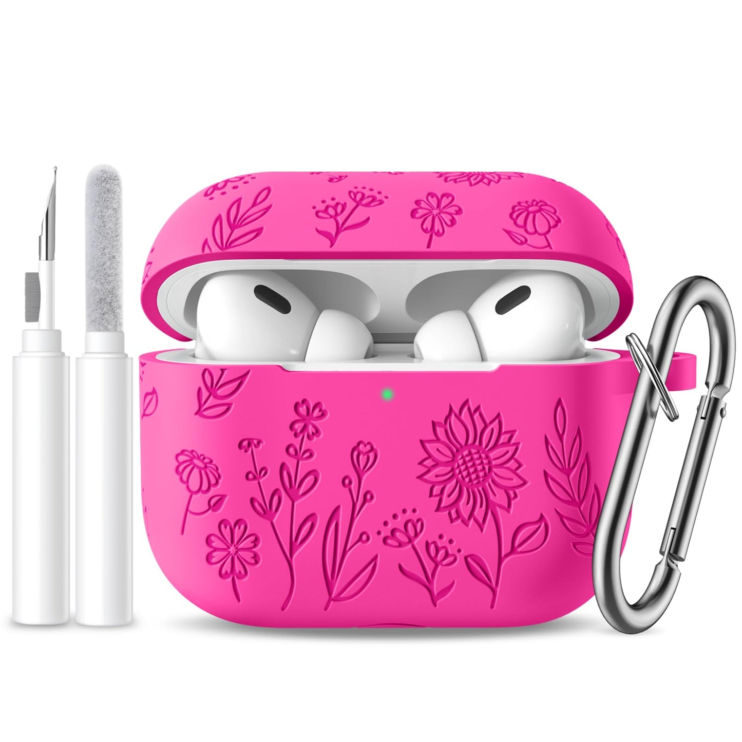 for AirPods Pro 2 Case with Cleaner Kit, Flower Engraved Silicone Protective Case Cover with Keychain, Compatible with Airpod Pro 2nd/1st Generation Case, Front LED Visible