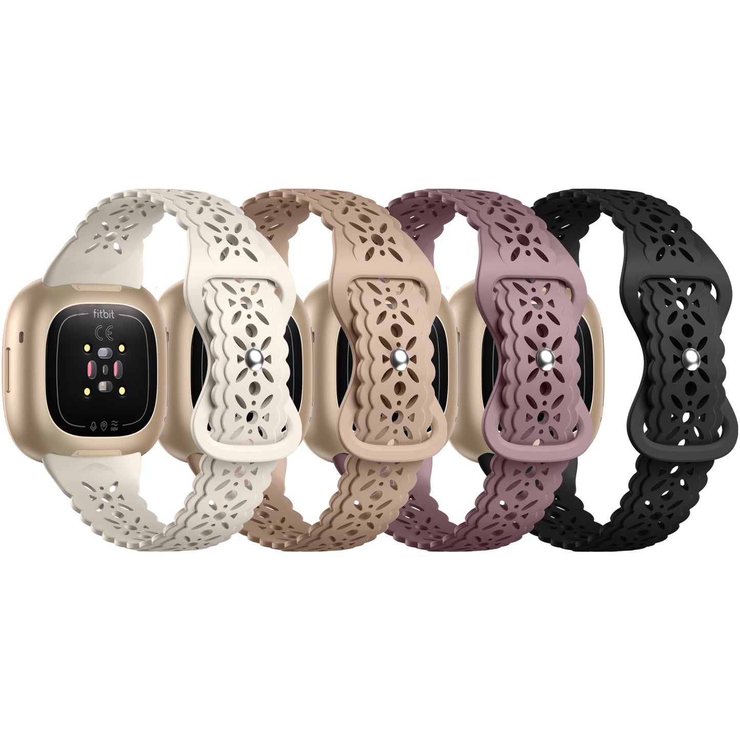 4 Pack Compatible with Fitbit Sense Bands/Versa 3 Bands/Versa 4 Bands/Sense 2 Bands for Women, Soft Silicone Hollow-out Lace Sport Strap Replacement Wristbands