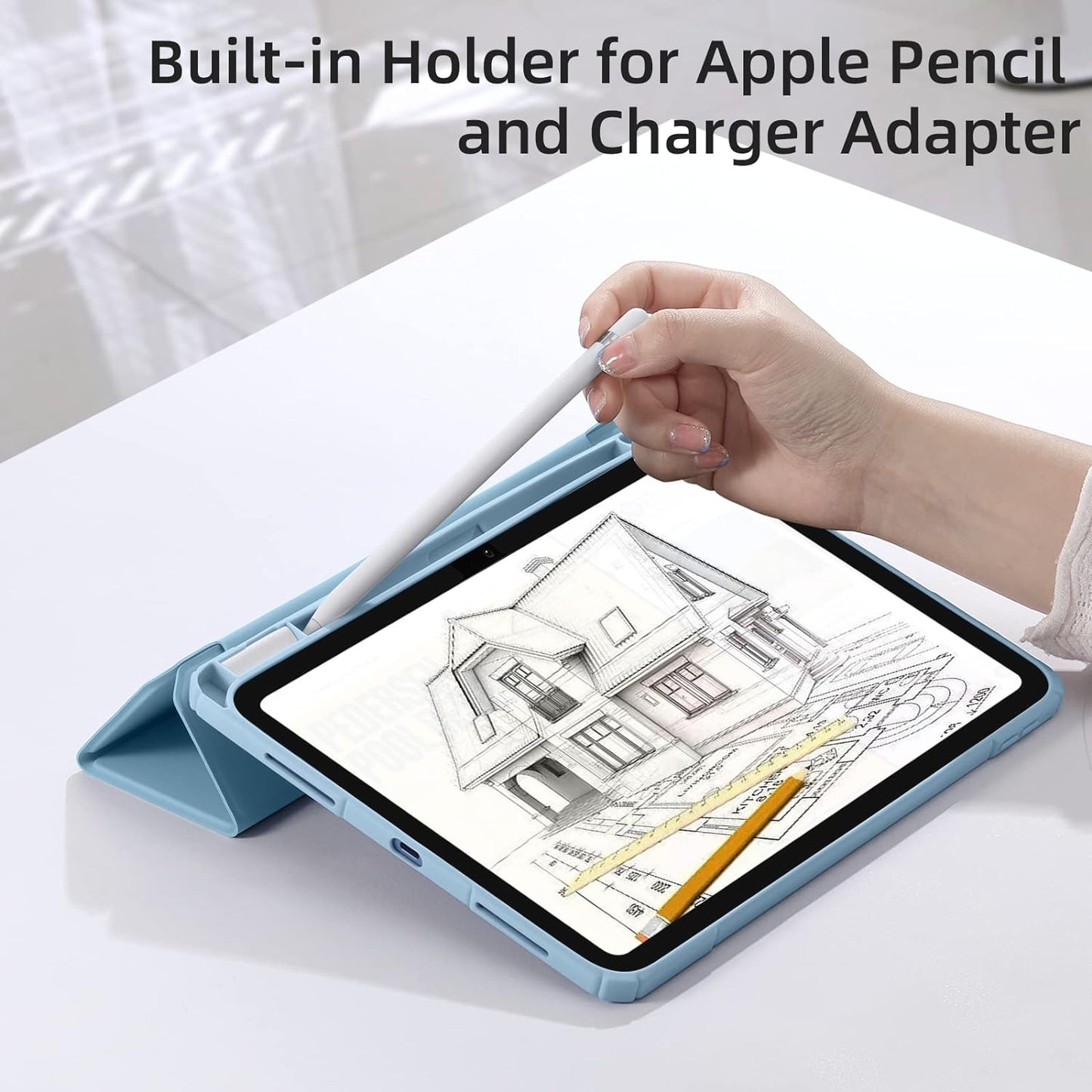 10.9 Case for iPad 10th Generation, with Pencil Holder & Clear Transparent Back, Lightblue