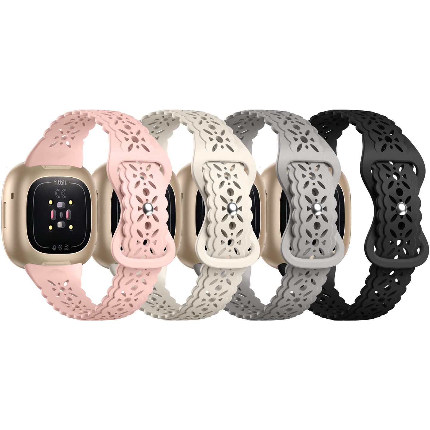 4 Pack Compatible with Fitbit Sense Bands/Versa 3 Bands/Versa 4 Bands/Sense 2 Bands for Women, Soft Silicone Hollow-out Lace Sport Strap Replacement Wristbands