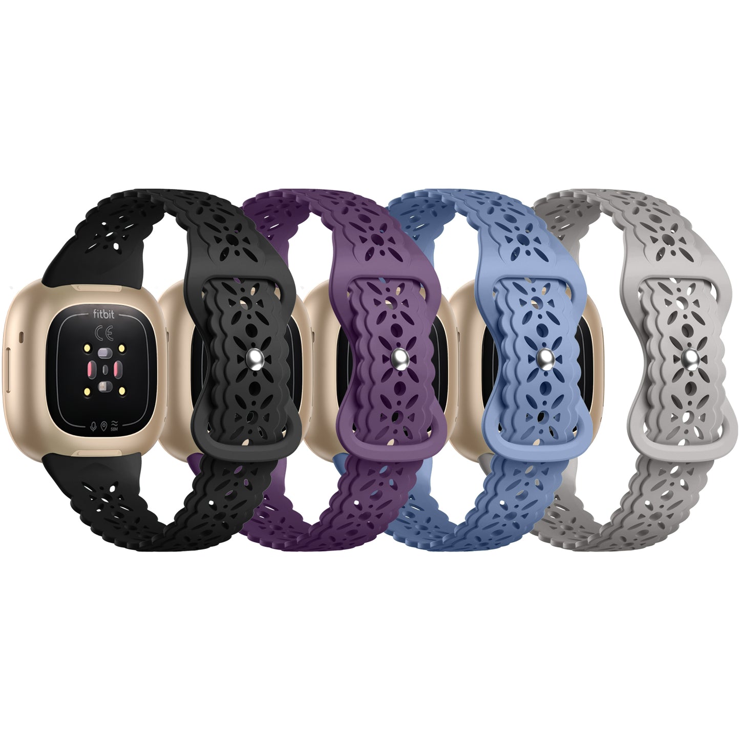 4 Pack Compatible with Fitbit Sense Bands/Versa 3 Bands/Versa 4 Bands/Sense 2 Bands for Women, Soft Silicone Hollow-out Lace Sport Strap Replacement Wristbands