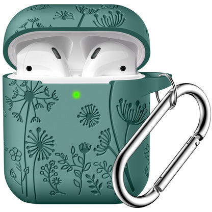 Flower Engraved Case Compatible with AirPods 2nd Generation & 1st Generation Case Cover, Cute Soft Silicone Skin Full Protective Cover with Keychain for Men Women