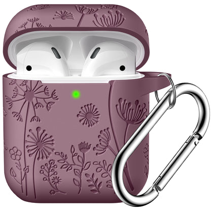 Flower Engraved Case Compatible with AirPods 2nd Generation & 1st Generation Case Cover, Cute Soft Silicone Skin Full Protective Cover with Keychain for Men Women