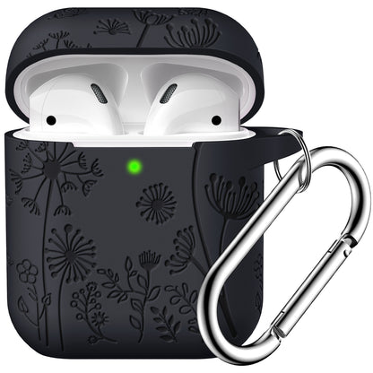 Flower Engraved Case Compatible with AirPods 2nd Generation & 1st Generation Case Cover, Cute Soft Silicone Skin Full Protective Cover with Keychain for Men Women