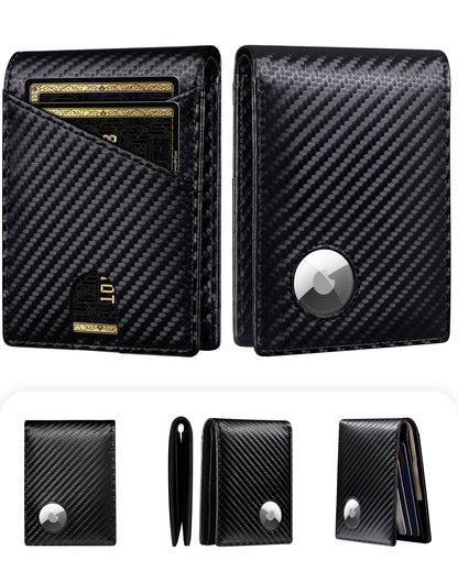 Wallet for Men Compatible with Apple AirTag, Leather Money Clip Mens Wallet with RFID Blocking Front Pocket Bifold Wallet, Slim Wallets for Gift Box, Black