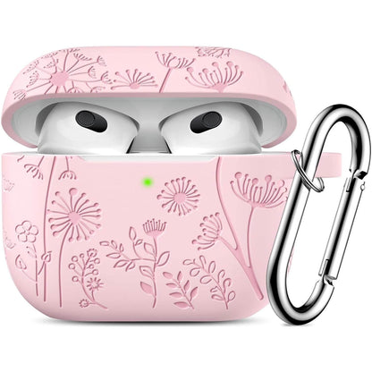 Flower Engraved AirPods 3rd Generation Case, Silicone Skin Protective Case for Apple AirPods 3rd Gen Charging Case Cover with Keychain Accessories for Women Men
