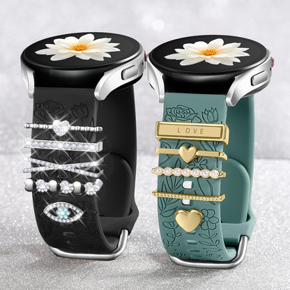 2 Pack Flower Engraved Band for Samsung Galaxy Watch 7 Band/FE Watch 6 5 4 40mm 44mm/Galaxy Watch 5 Pro Band, 20mm Soft Silicone Replacement Strap with Decorative Charms Accessories Women