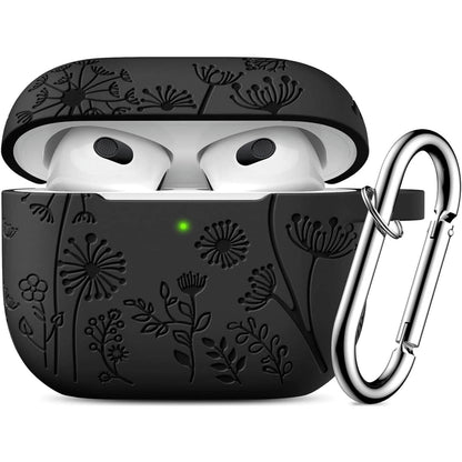 Flower Engraved AirPods 3rd Generation Case, Silicone Skin Protective Case for Apple AirPods 3rd Gen Charging Case Cover with Keychain Accessories for Women Men