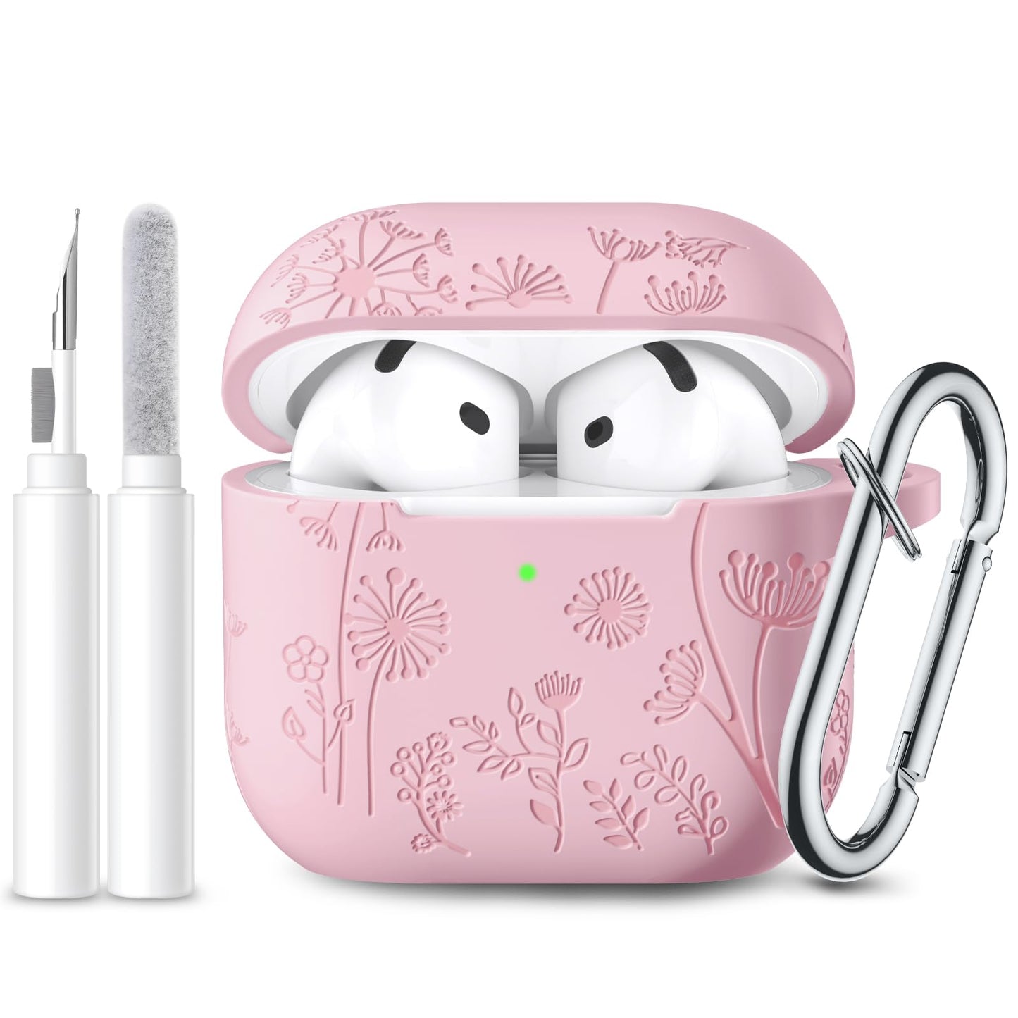 for AirPods 4 Case Cover with Cleaner Kit, Flower Engraved Soft Silicone Protective Case for Apple AirPods 4th Generation Case for Women, AirPod 4 Case Accessories 2024 with Keychain