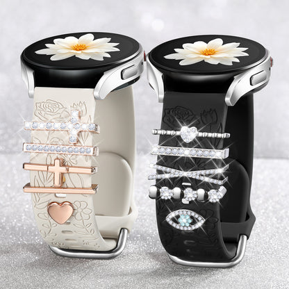 2 Pack Flower Engraved Band for Samsung Galaxy Watch 7 Band/FE Watch 6 5 4 40mm 44mm/Galaxy Watch 5 Pro Band, 20mm Soft Silicone Replacement Strap with Decorative Charms Accessories Women