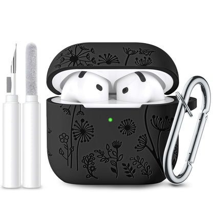 for AirPods 4 Case Cover with Cleaner Kit, Flower Engraved Soft Silicone Protective Case for Apple AirPods 4th Generation Case for Women, AirPod 4 Case Accessories 2024 with Keychain