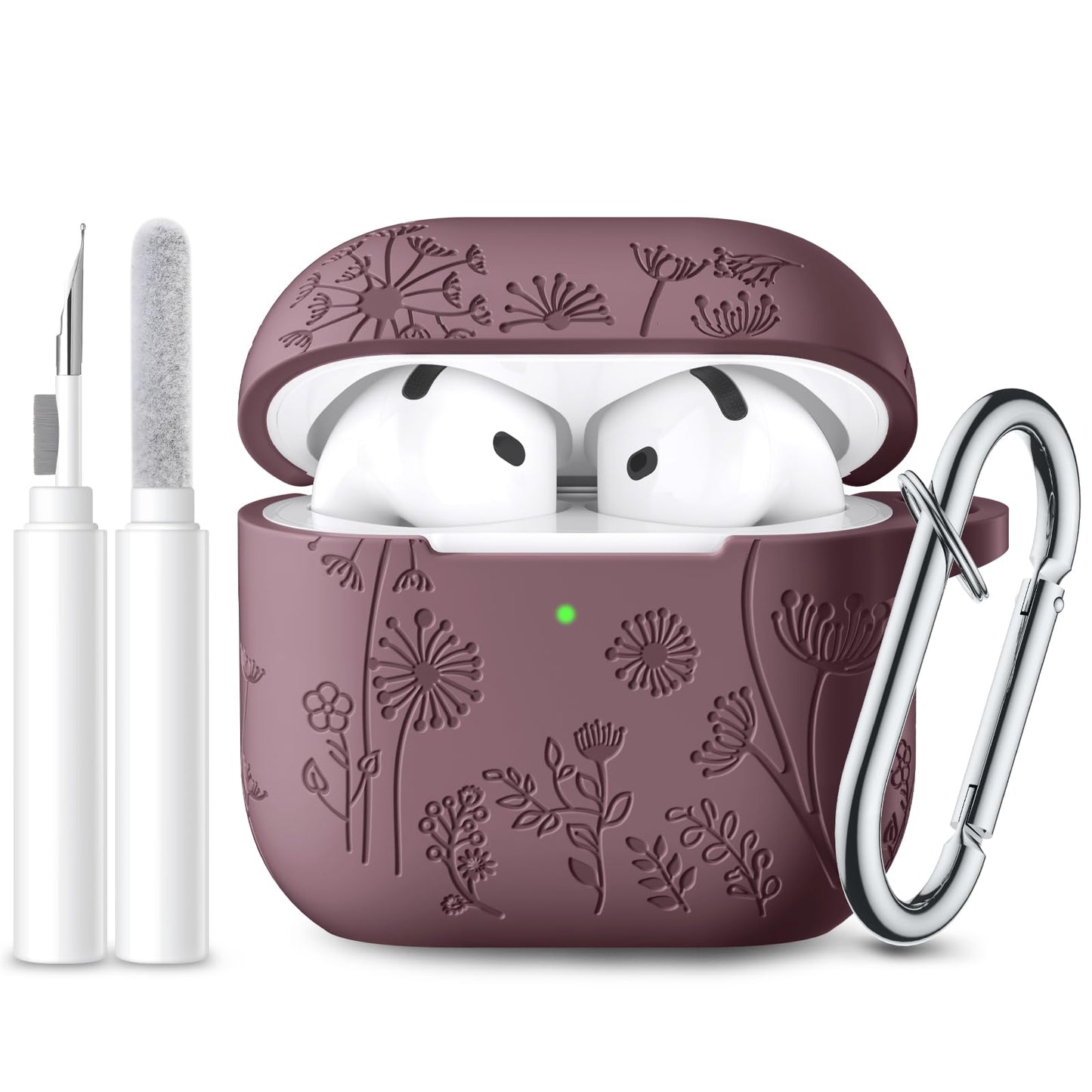 for AirPods 4 Case Cover with Cleaner Kit, Flower Engraved Soft Silicone Protective Case for Apple AirPods 4th Generation Case for Women, AirPod 4 Case Accessories 2024 with Keychain