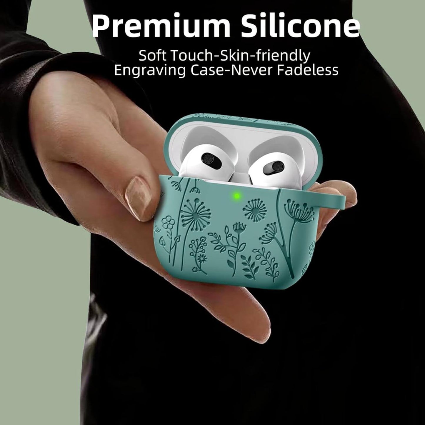 Flower Engraved AirPods 3rd Generation Case, Silicone Skin Protective Case for Apple AirPods 3rd Gen Charging Case Cover with Keychain Accessories for Women Men