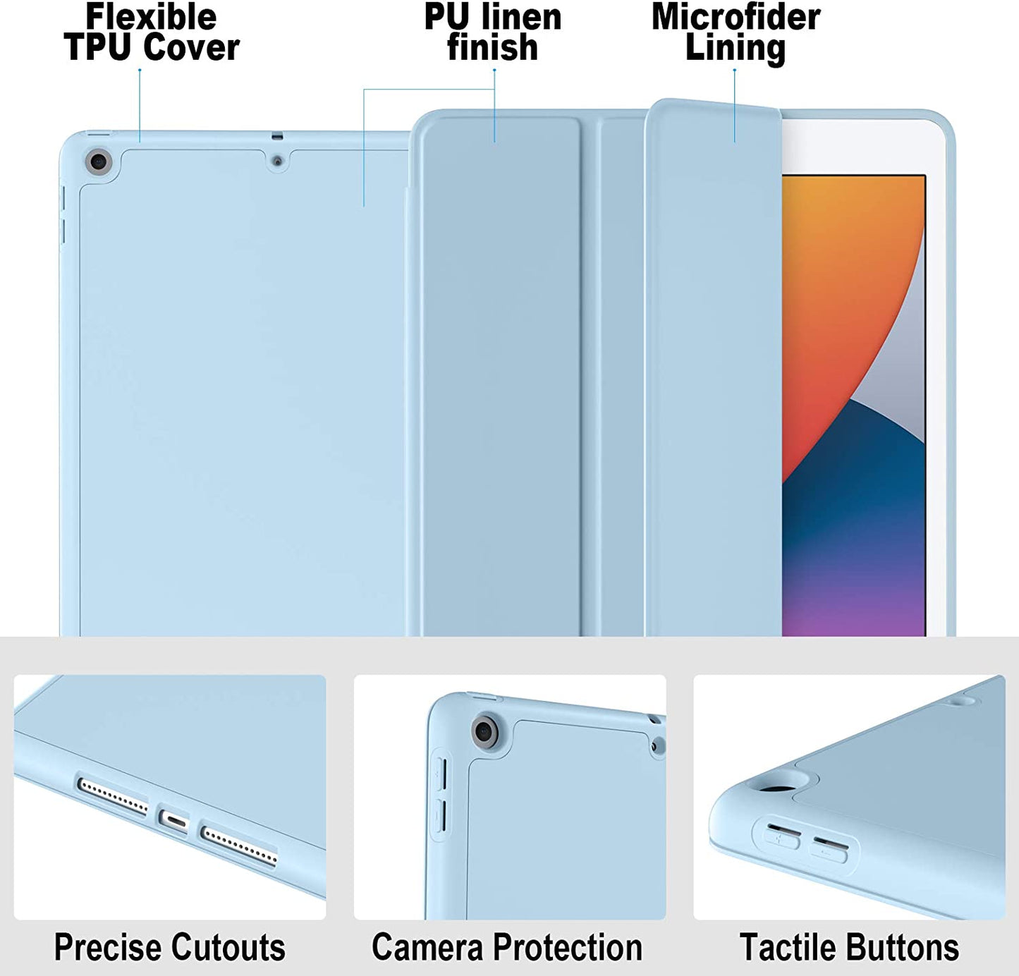 Case Compatible with iPad 10.2 Inch 2021/2020/2019, for iPad 9th/8th/7th Generation Case with Pencil Holder, Protective Case with Soft TPU Back, Auto Sleep/Wake Cover