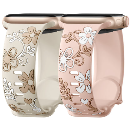 Malendan Compatible with iWatch Apple Watch Bands for Women 40mm 44mm 41mm 45mm 46mm 42mm 38mm 49mm Cute Floral Engraved Silicone Bands for Ultra 2 SE 2rd Gneration Series 10 9 8 7 6 8 5 4 3