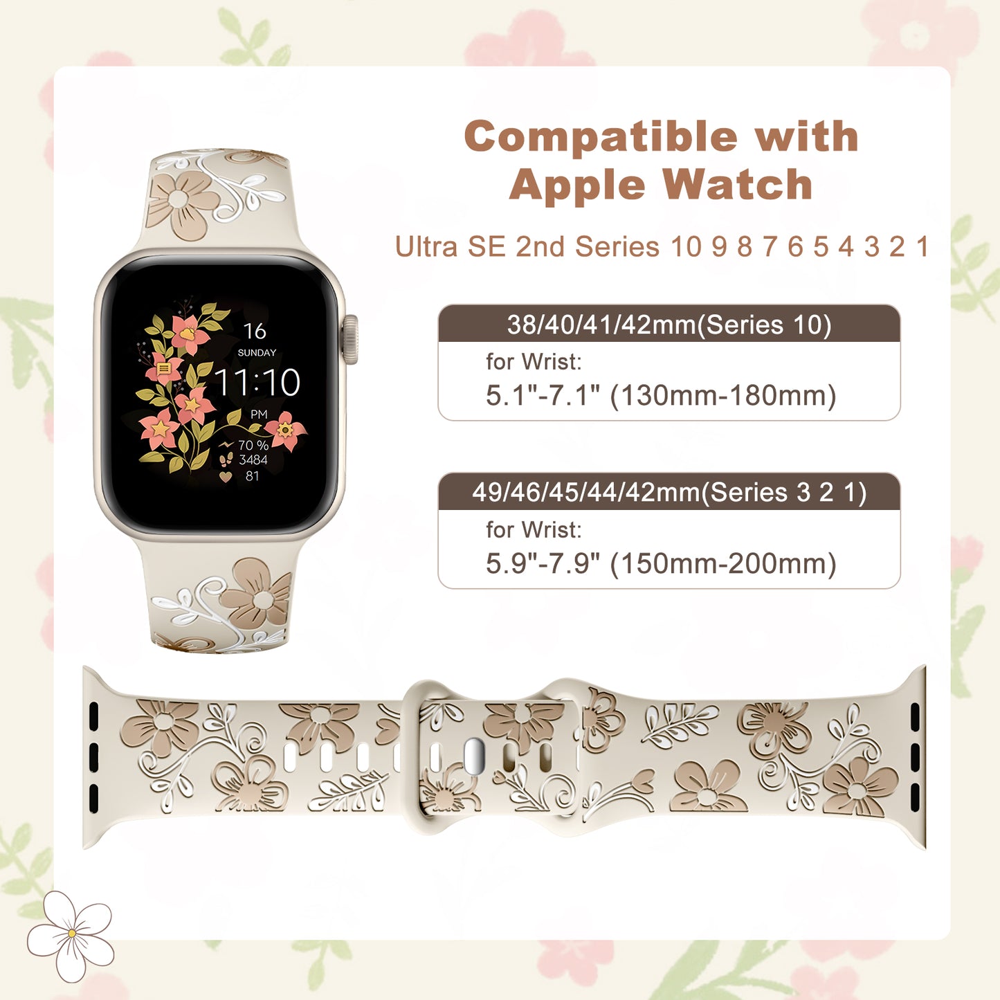 Malendan Compatible with iWatch Apple Watch Bands for Women 40mm 44mm 41mm 45mm 46mm 42mm 38mm 49mm Cute Floral Engraved Silicone Bands for Ultra 2 SE 2rd Gneration Series 10 9 8 7 6 8 5 4 3