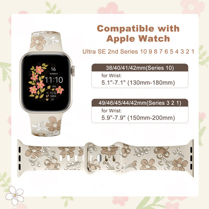 Malendan Compatible with iWatch Apple Watch Bands for Women 40mm 44mm 41mm 45mm 46mm 42mm 38mm 49mm Cute Floral Engraved Silicone Bands for Ultra 2 SE 2rd Gneration Series 10 9 8 7 6 8 5 4 3